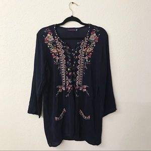 Johnny Was Navy Blue Mosaic Tile Tunic